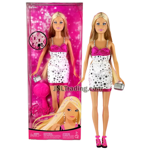 Year 2007 Fashion Fever Series 12 Inch Doll - BARBIE M2995 in Silver Dot Pink White Dress with Pink Jewels, Purse and Hairbrush