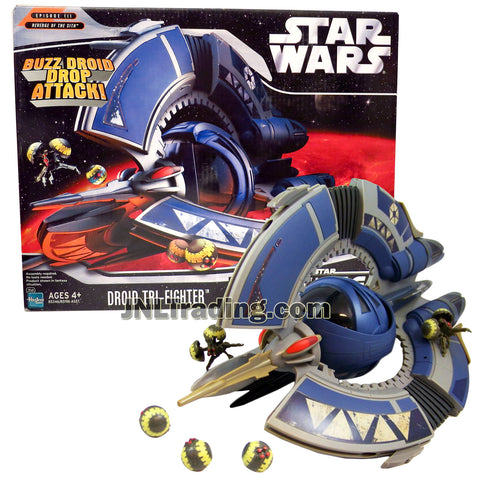 Star Wars Year 2006 Revenge of the Sith Series 11 Inch Long Vehicle Set : DROID TRI-FIGHTER with Spinning Center Sphere,  Blasters, Drop Bombs and Buzz Droids