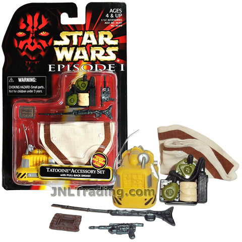 Star Wars Year 1998 The Phantom Menace Series Kit - TATOOINE ACCESSORY SET with Qui-Gon Jinn's Poncho, Blaster, Rifle, Watto's Datapad, Backpack and Pull-Back Droid