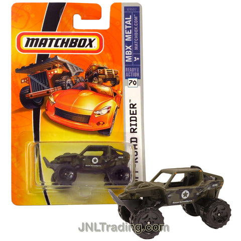 Product Features Die cast metal and plastic parts Realistic details 1:64 scale Produced in year 2007 For age 3 and up Product Description Matchbox Year 2007 MBX Metal Ready For Action Series 1:64 Scale Die Cast Metal Car #70 - US Army Unit 699 Recon Surveillance OFF-ROAD RIDER K9507
