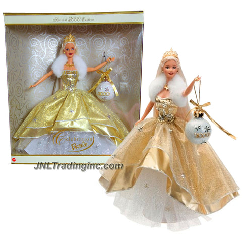 Mattel Year 2000 Barbie Holiday Season Series 12 Inch Doll - Special 2000 Edition CELEBRATION BARBIE with Golden/Ivory Dress, Christmas Ornament, Tiara, Necklace, Shoes and Doll Stand