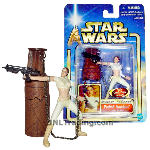 Star Wars Year 2002 Attack of the Clones 3-1/2 Inch Tall Figure #02 - Arena Escape PADME AMIDALA with Blaster, Arena Column and Metal Chain