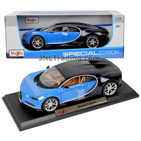 Maisto Special Edition Series 1:18 Scale Die Cast Car Set - Blue Black Luxury Super Sports Car BUGATTI CHIRON with Display Base