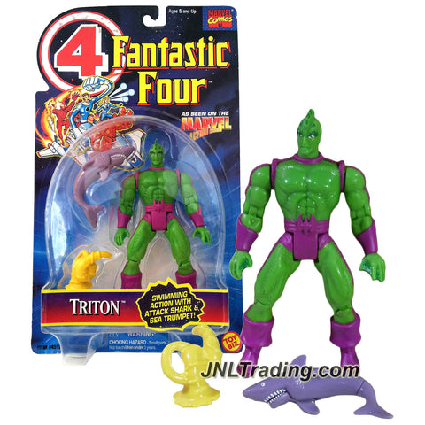 ToyBiz Year 1995 Marvel Comics Fantastic Four Series 5 Inch Tall Action Figure - TRITON with Swimming Action, Attack Shark and Sea Trumpet