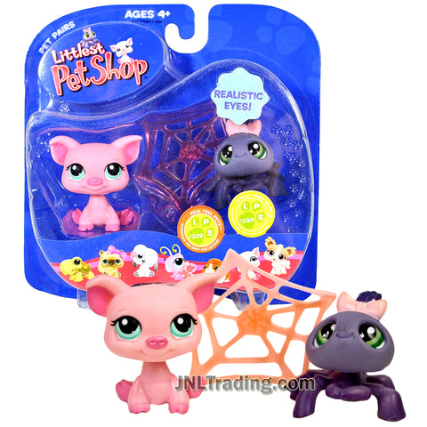 Year 2007 Littlest Pet Shop LPS Pet Pairs Series Bobble Head Figure - Pig #329 and Spider #330 with Realistic Eyes and Cobweb