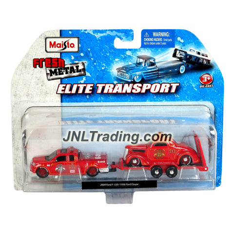 Maisto Fresh Metal Elite Transport Series 1:64 Scale Die Cast 2 Pack Car Set - Red 2004 Ford F-150 with Flatbed Trailer and 1936 Ford Coupe