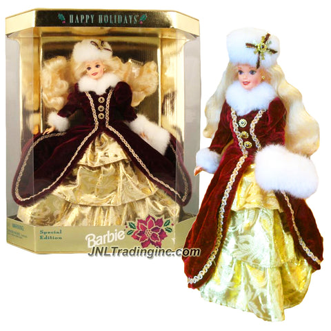 Mattel Year 1996 Barbie Hallmark Special Edition 12 Inch Doll - HAPPY HOLIDAYS BARBIE in Burgundy Gown with Faux Fur Trim, Hat and Muff Plus Golden Brocade Underskirt, Ring, Earrings, Shoes, Hair Brush and Doll Stand