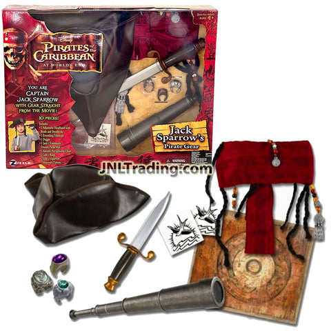 Year 2007 Disney Pirates of the Caribbean At World's End JACK SPARROW PIRATE GEAR with Headband, Telescope, Dagger, Hat, Navigational Chart and Rings