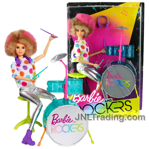 Year 2017 Barbie and The Rockers Series 12 Inch Doll - Caucasian Afro Hairstyle DRUMMER with 3 Piece Drum Set with Cymbal, Stool, Headphones and Drumsticks