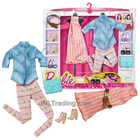 Year 2015 Barbie Fashionistas Series Accessory Set with Peach Color Baby Doll Dress, Blue Shirts, Shape Pattern Pants, Belt, Purse and 1 Pair of Shoes
