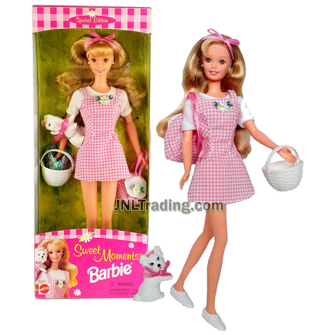 Year 1996 Barbie Special Edition Series 12 Inch Doll - SWEET MOMENTS BARBIE in Pink Checker Dress with Backpack, Basket and Yorkshire Terrier Puppy