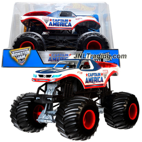Hot Wheels Year 2016 Monster Jam 1:24 Scale Die Cast Metal Body Official Truck - CAPTAIN AMERICA (CHV12) with Monster Tires, Working Suspension and 4 Wheel Steering