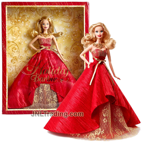 Year 2013 Barbie Collector Edition 12 Inch Doll Set - HOLIDAY BARBIE 2014 with Red Classic Silhouette Floor Length Gown Plus Golden Bow and Necklace