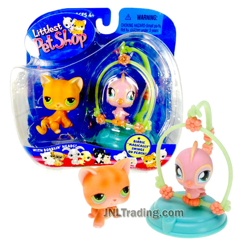 Year 2004 Littlest Pet Shop LPS Pet Pairs Bobble Head Figure - Kitty Cat and Canary Bird on Perch that Magically Swings