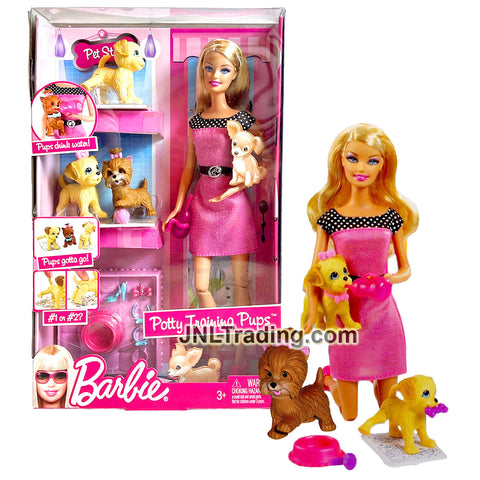 Year 2009 Barbie 12 Inch Doll Set - POTTY TRAINING PUPS R9514 with Caucasian Model , 3 Puppies, Color-Change Newspaper, Dog Bowl, Collars and Toys