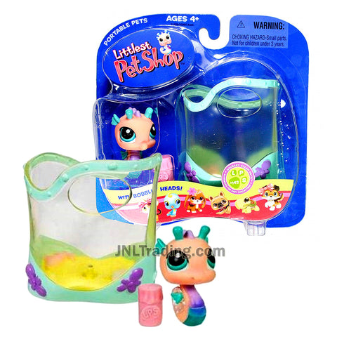 Year 2005 Littlest Pet Shop LPS Portable Pets Squeaky Clean Series Bobble Head Figure - SEAHORSE #142 with Aquarium and Food