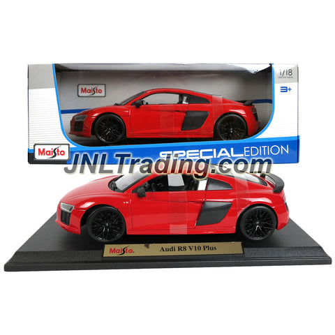Maisto Special Edition Series 1:18 Scale Die Cast Car Set - Red Mid Engine Sports Coupe AUDI R8 V10 Plus with Display Base (Dimension: 9" x 4" x 3")