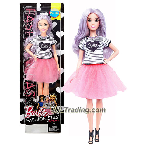 Mattel Year 2016 Barbie Fashionistas 10 Inch Doll - Caucasian PETITE with Long Purple Hair (DVX76) Doll in Black White Tops and Pink Cool Tutu Skirt with Necklace