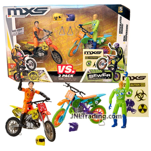 Year 2014 MXS Motocross Die Cast 2 Pack Motorcycles with Riders : Biohazard BIO-WORKER vs SEWER MONSTER
