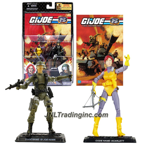 Hasbro Year 2007 G.I. JOE 25th Anniversary Comic Pack Series 2 Pack 4 Inch Tall Action Figure - SCARLETT with Crossbow and GI JOE HAWK with Rifle and Gun Plus 2 Display Base and Comic Book