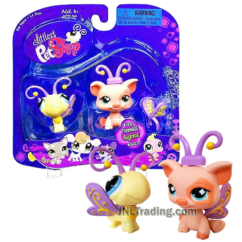 Year 2007 Littlest Pet Shop LPS Pet Pairs Funniest Series Bobble Head Figure - Butterfly (#621) and Pig (#622) with Detachable Wing and Antenna