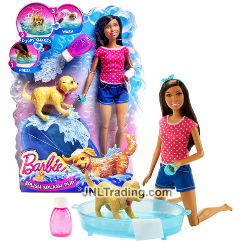 Year 2015 Barbie Pet Series 12 Inch Doll - SPLISH SPLASH PUP DHB67 with African American Model NIKKI, Puppy, Tub, Soap Bottle, Hand Brush & Towel