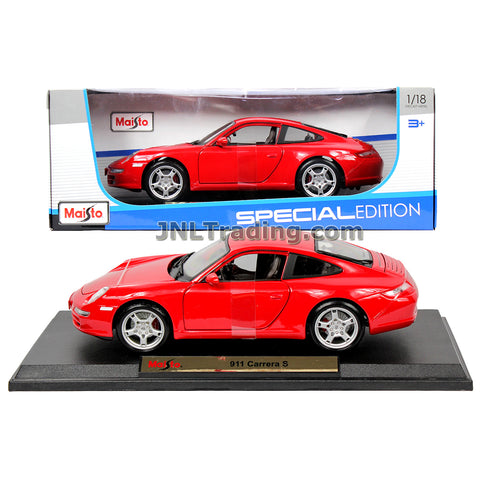 Maisto Special Edition Series 1:18 Scale Die Cast Car Set - Red Color High Performance Sports Car PORSCHE 911 CARRERA S with Base