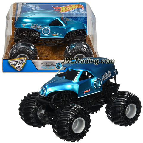 Hot Wheels Year 2016 Monster Jam 1:24 Scale Die Cast Metal Body Official Truck - Blue NEA New Earth Authority N.E.A. POLICE (DJW96) with Monster Tires, Working Suspension and 4 Wheel Steering