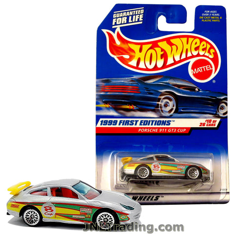 Hot Wheels Year 1999 First Editions Series 1:64 Scale Die Cast Car Set #10 - Silver Color Sports Coupe PORSCHE 911 GT3 CUP with Yellow Spoiler 21059