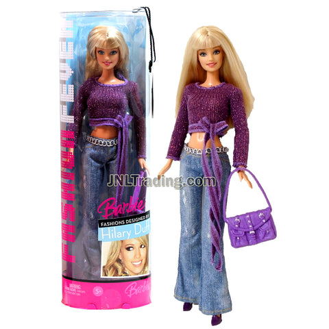 Product Features Includes: BARBIE in Purple Sweater and Blue Denim Pants with Purse and Display Stand Doll measured approximately 12 inch tall Produced in year 2006 For age 3 and up Product Description Year 2006 Barbie Fashion Fever Fashions Designed By Hilary Duff Series 12 Inch Doll - BARBIE in Purple Sweater and Blue Denim Pants with Purse and Display Stand