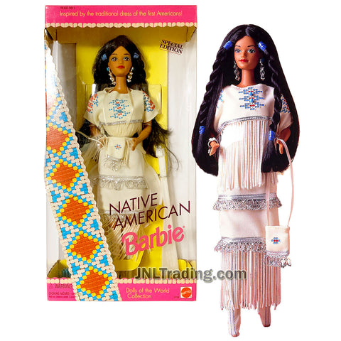 Year 1992 Barbie Special Edition Dolls of the World Collection Series 12 Inch Doll - NATIVE AMERICAN Barbie with Traditional Outfits, Jewelry, Purse, Moccasins and Doll Stand