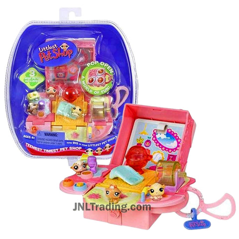 Year 2006 Littlest Pet Shop LPS Teeniest Tiniest Series Mini Figure Set with 3 Hamsters and Pop Open Case