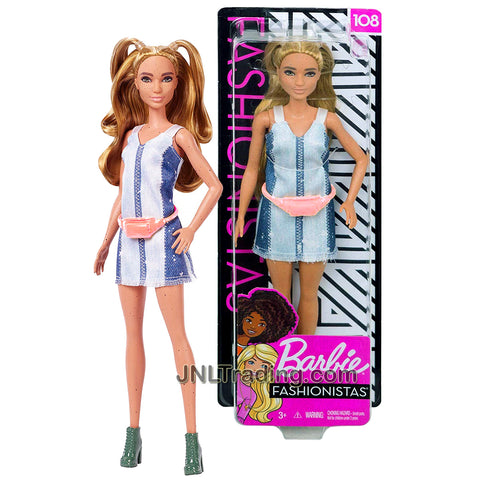 Year 2018 Barbie Fashionistas Series 12 Inch Doll #108 - Tall Blonde Freckle Hispanic Model in Blue Denim Dress with Pouch Belt