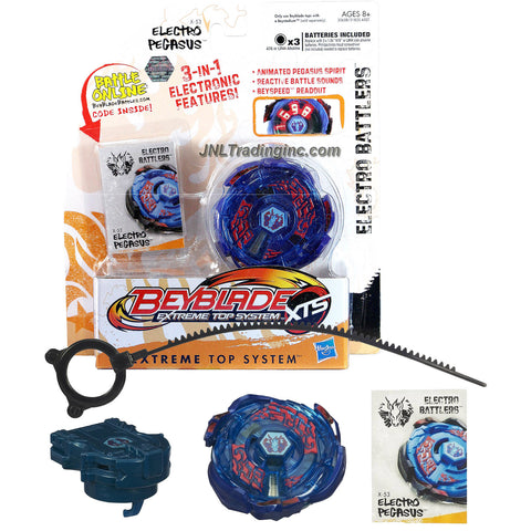 Hasbro Year 2011 Beyblade Extreme Top System XTS Electro Battlers : X-53 ELECTRO PEGASUS with 3 in 1 Electronic Features (Animated Pegasus Spirit, Reactive Battle Sounds and Beyspeed Readout) Plus Spin Launcher, Ripcord and Battle Online Code
