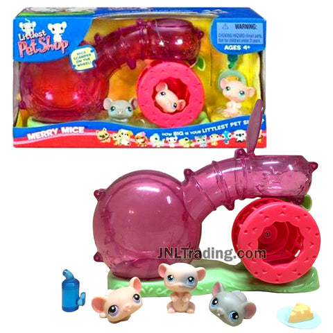 Year 2005 Littlest Pet Shop LPS Bobble Head Figure Playset - MERRY MICE with 3 Mice, Workout Wheel, Habitrail, Food Dish with Cheese and Water Bottle