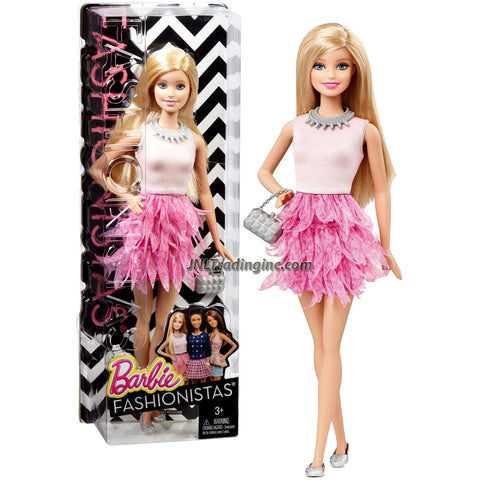 Mattel Year 2014 Barbie Fashionistas Series 12 Inch Doll Set - BARBIE (CFG13) in White and Pink Ruffle Dress Plus Purse and Necklace