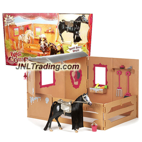 MGA Entertainment Bratz Cowgirlz Series Horse Stable Set with Lamps, Scissors, Bucket, Grooming Brush, Pitch Fork, Broom, Carrots, Corn & Black Horse