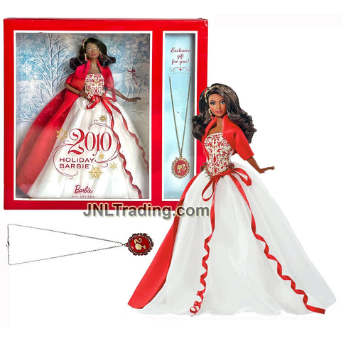 Holiday Barbie 2010 African American Model V8650 in White Red Gown with Earrings, Head Piece and Necklace with Red Pendant For You