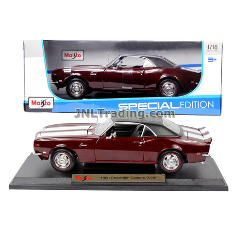 Maisto Special Edition Series 1:18 Scale Die Cast Car Set - Maroon Color 2 Door Classic Hard Top Coupe 1968 CHEVROLET CAMARO Z/28 with Display Base