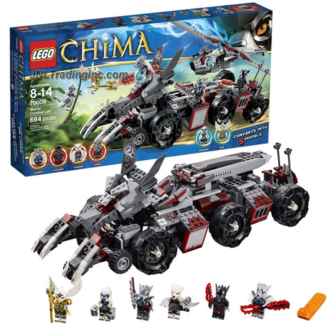 Lego Year 2013 "Legends of Chima" Series Vehicle Set #70009 - WORRIZ' COMBAT LAIR with 5 Detachable Vehicles: Wolf Claw Bikes, Truck, Helicopter, Mobile Prison and Motorcyle Plus 6 Minifigures (Worriz, Wilhurt, Wakz, Windra, Eris and Grizzam) with Weapons (Total Pieces: 664)