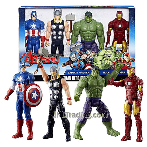 Year 2017 Marvel Avengers Titan Hero Series 4 Pack 12 Inch Tall Figure Set - Captain America, Thor with Hammer, Hulk and Iron Man