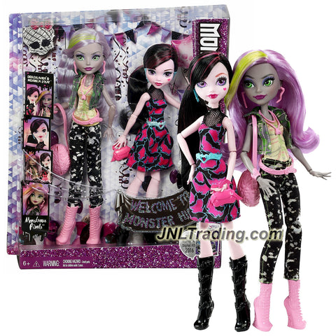 Mattel Year 2015 Welcome to Monster High Series 2 Pack 11 Inch Doll Set - DRACULAURA & MOANICA D'KAY DNY33 with 2 Purses and Hairbrush