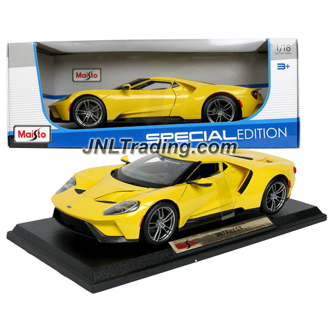 Maisto Special Edition Series 1:18 Scale Die Cast Car - Yellow Sports Coupe 2017 FORD GT with Gull Wing Doors & Display Base (Dim: 10" x 2-1/2" x 4")