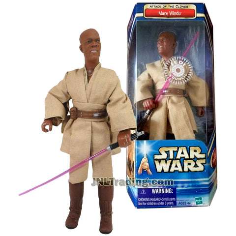 Star Wars Year 2002 Attack of the Clones Series 12 Inch Tall Fully Poseable Figure - Jedi Council MACE WINDU in Authentically Styled Jedi Robe with Lightsaber