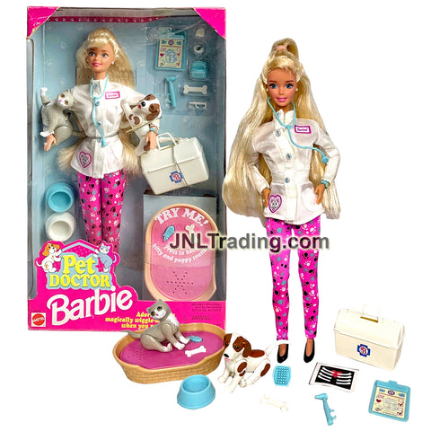 Year 1996 Barbie 12 Inch Doll - Caucasian PET DOCTOR with Dog, Cat, Medical Box, Basket, Bowls, Stethoscope and More