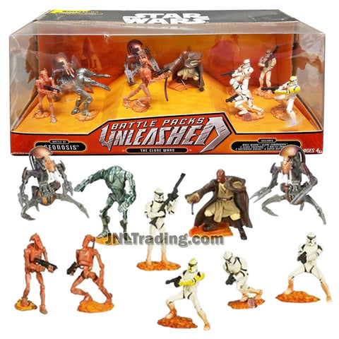 Star Wars Year 2007 Attack of the Clones Unleashed Battle Pack - BATTLE OF GEONOSIS THE CLONE WARS - Mace Windu, Clone Commander, Clone Troopers, Battle Droids, Destroyer Droids & Super Battle Droid