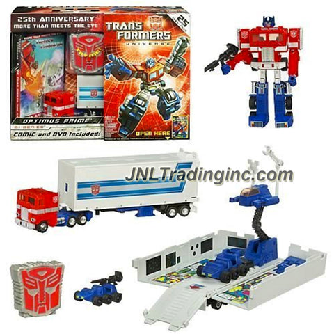 Hasbro Year 2009 Transformers Universe 25th Anniversary G1 Series 6 Inch Tall Robot Action Figure - Optimus Prime with Autobot Shield, Trailer that Converts to Battle Station, 2 Firing Missiles, Comic and DVD