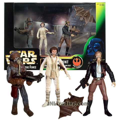 Star Wars Year 1998 The Power of the Force Series 3 Pack 4 Inch Tall Figure - MYNOCK HUNT with Chewbacca, Princess Leai Organa and Han Solo Plus Mynock, Bowcater and Blaster