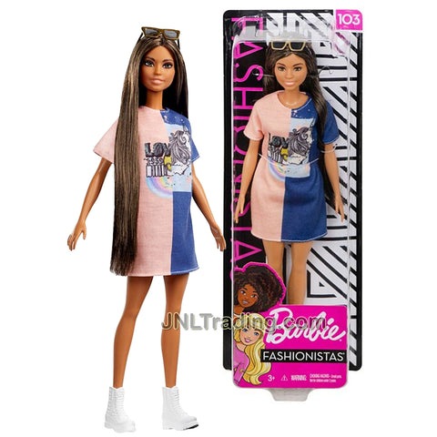 Year 2018 Barbie Fashionistas Series 12 Inch Doll #103 - Hispanic Model in LOV 1959 Unicorn Peach Blue Dress with Sunglasses