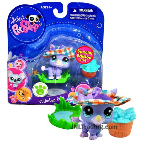 Year 2010 Littlest Pet Shop LPS Special Edition Collector Pets Series Bobble Head Figure - RHINOCEROS #1908 with Hat, Grass Pad and Bowl with Leaves